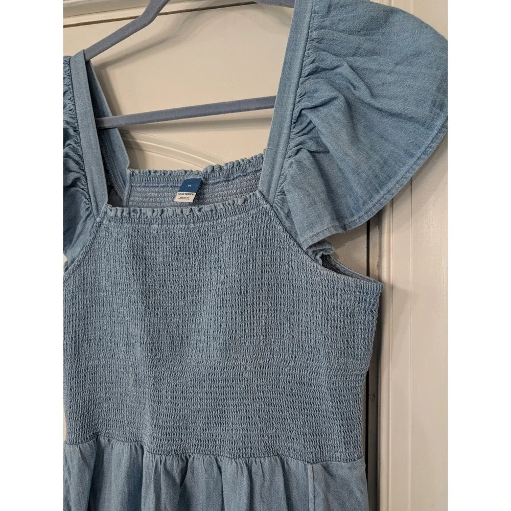 Old Navy Womens Chambray‎ Dress Bundle Floral Midi & Solid Smocked mini lot of 2 - Picture 2 of 11